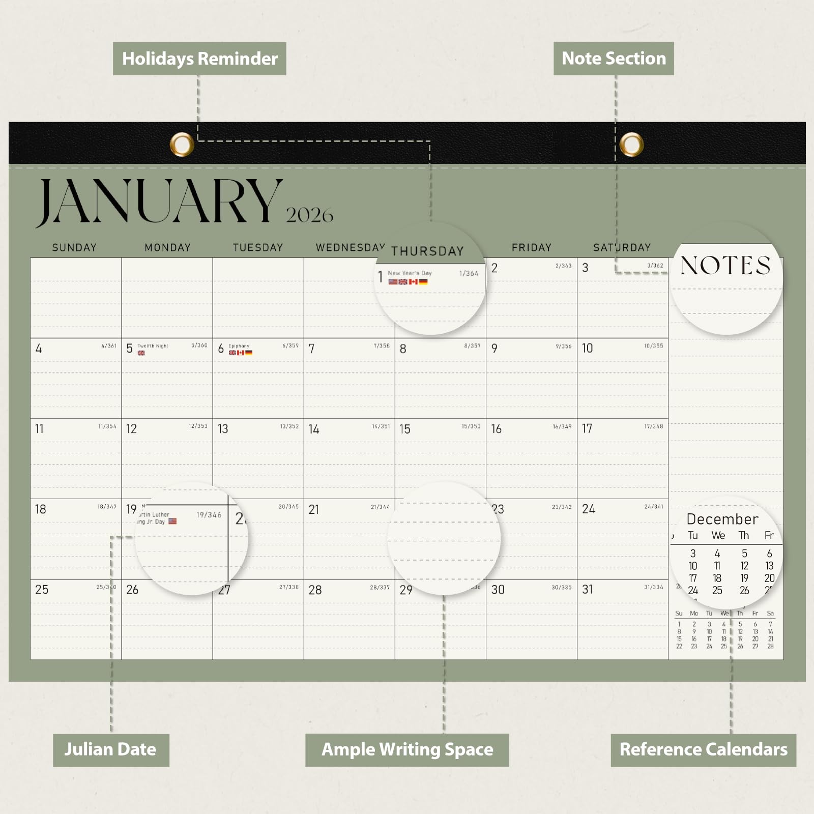2026 Desk Calendar, Large Desktop/Wall 17″x12″(Jan 2026-Jun 2027）, Green