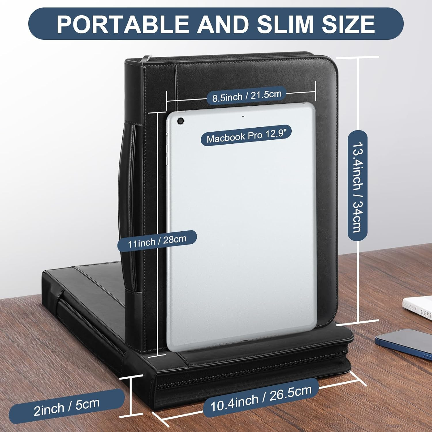Padfolio Portfolio Organizer Binder with Zipper and Hidden Handle, PU Leather Po