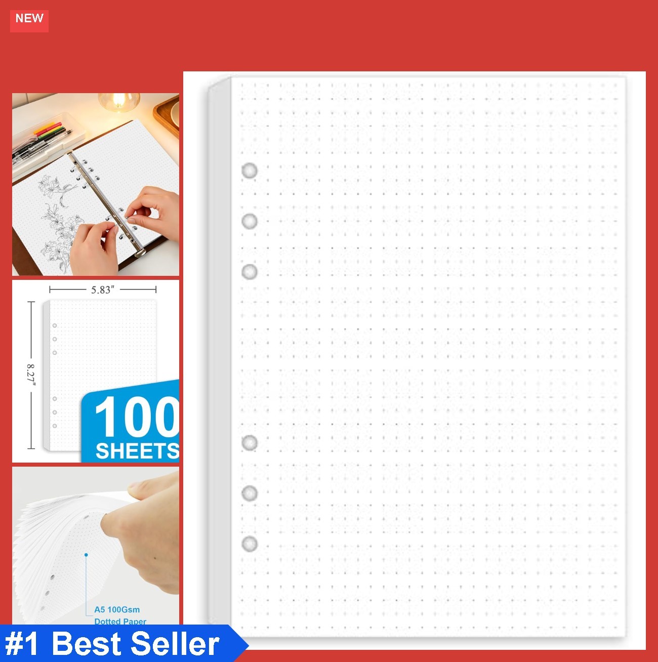 A5 Dotted Paper Refills 6 Hole Punched 100 Sheets 200 Pages Dot Grid Paper for