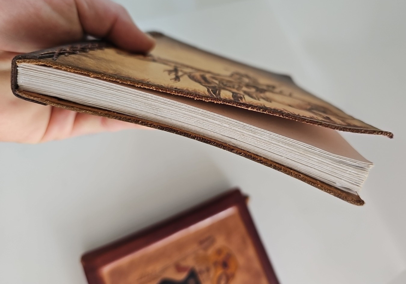 Lot of 2 Tooled Handmade Leather Blank Journals Brown Unlined (Almost Unused)