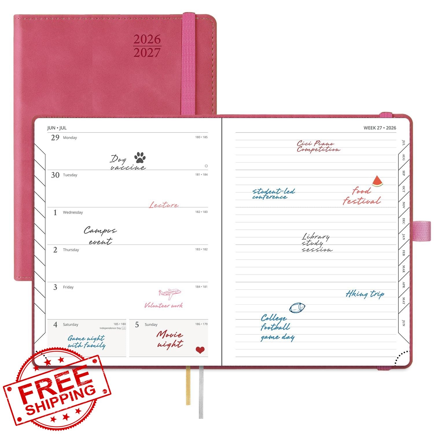 POPRUN Weekly Planner 2026-2027 Magenta 6.5×8.5″ Monthly Tabs
