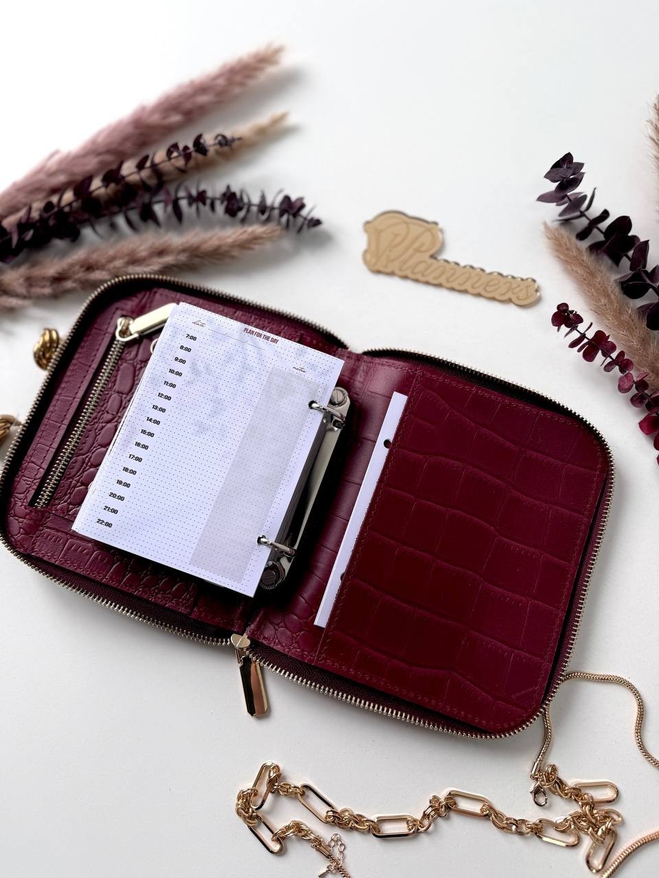 Luxurious Burgundy Genuine Leather A7 Pocket Planner – Golden Leopard Edition