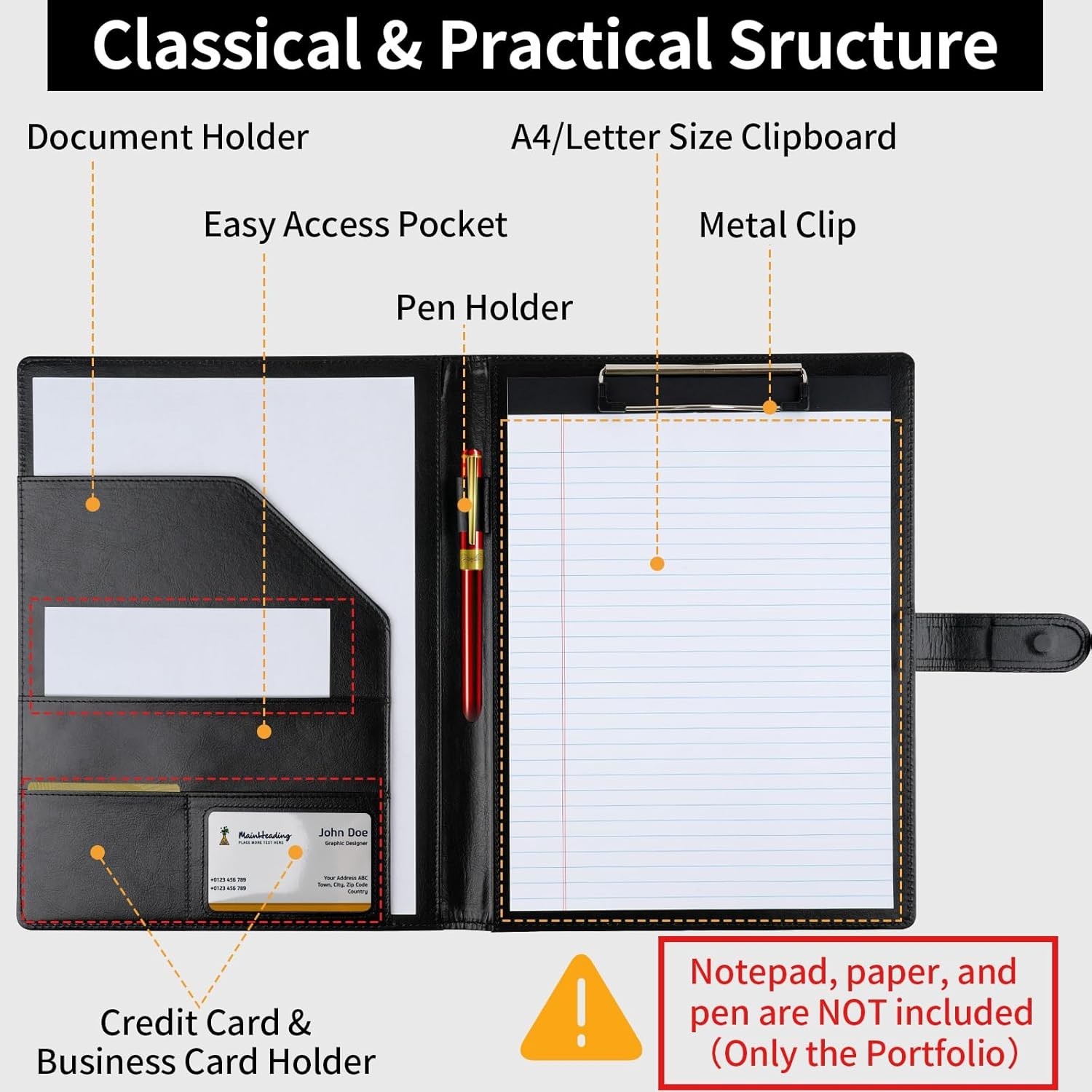 Professional Padfolio with Clipboard, Faux Leather Portfolio Folder Binder, L…