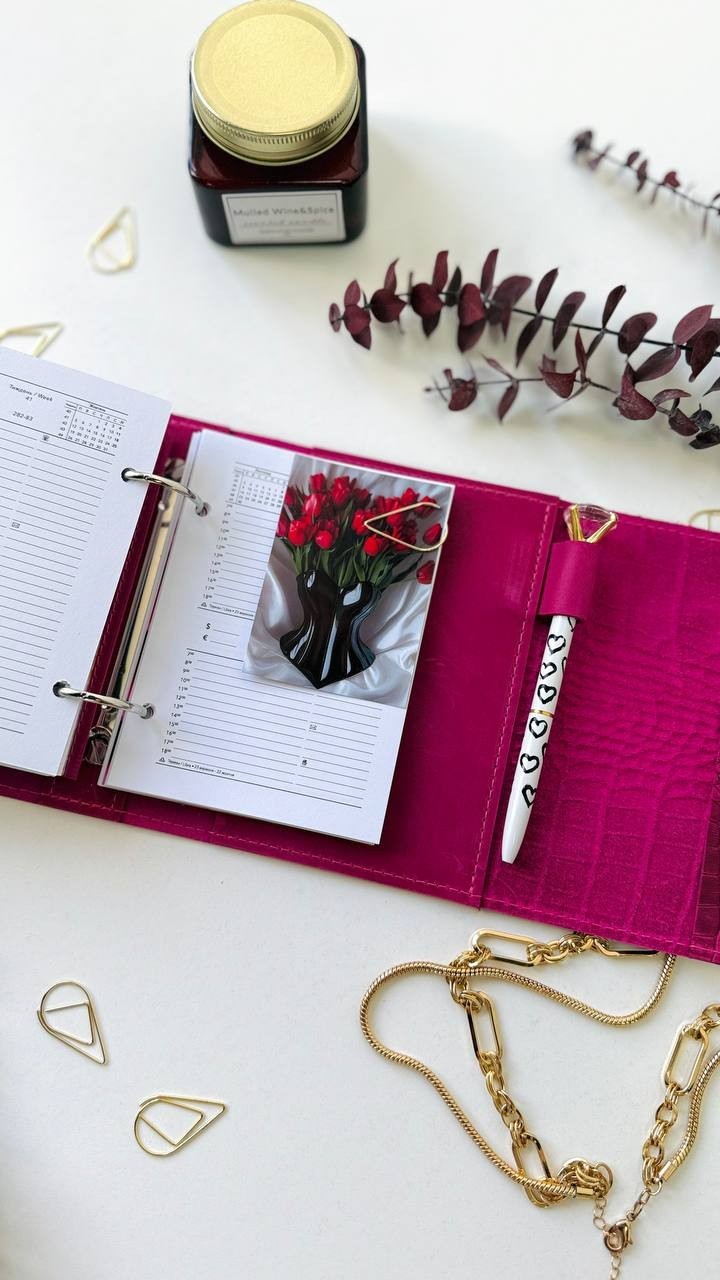 Pink leather notebook cover A7 binde rings mini wallet. Dated planner gift.