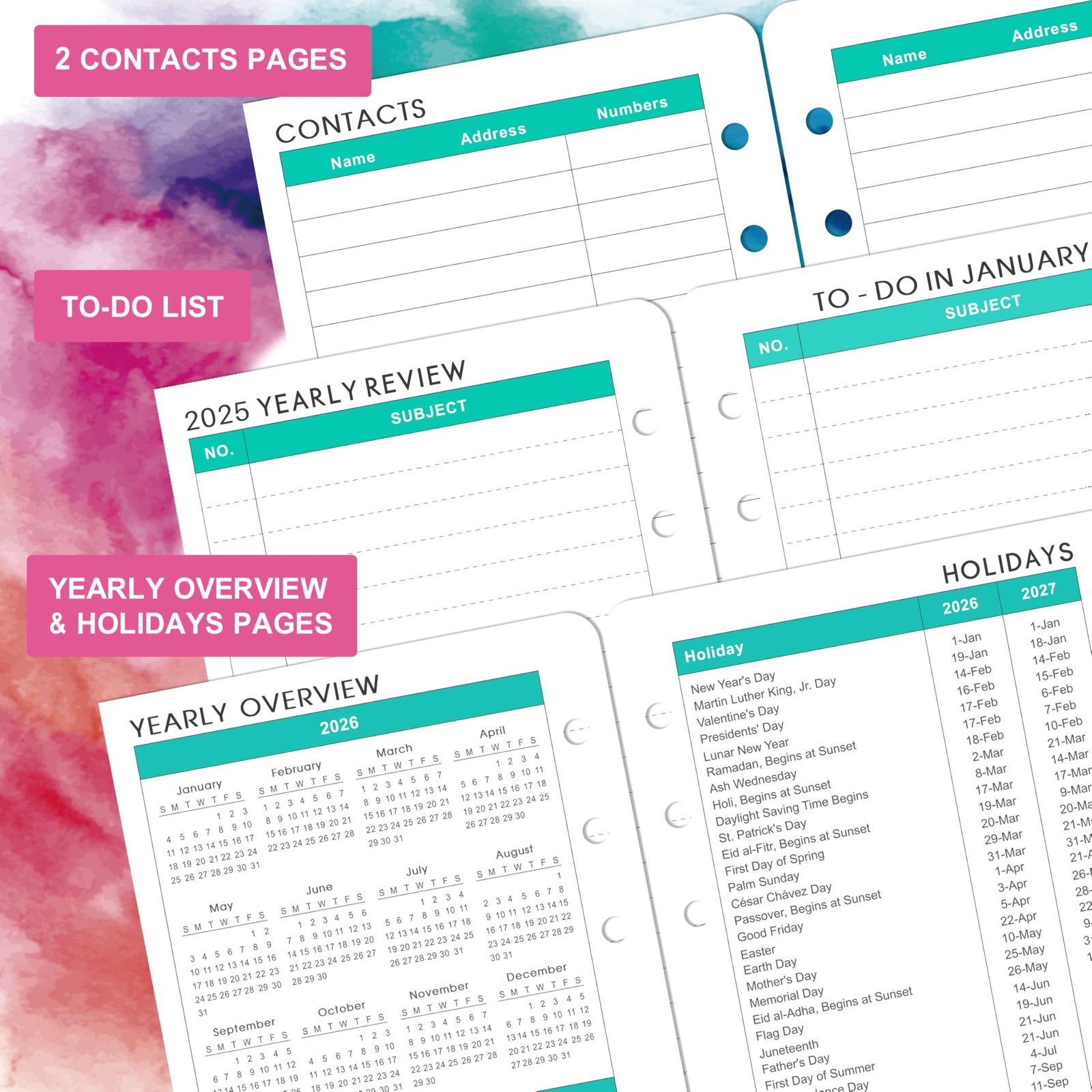 Small Multicolored 2026 Planner Refill with Monthly and Weekly Pages