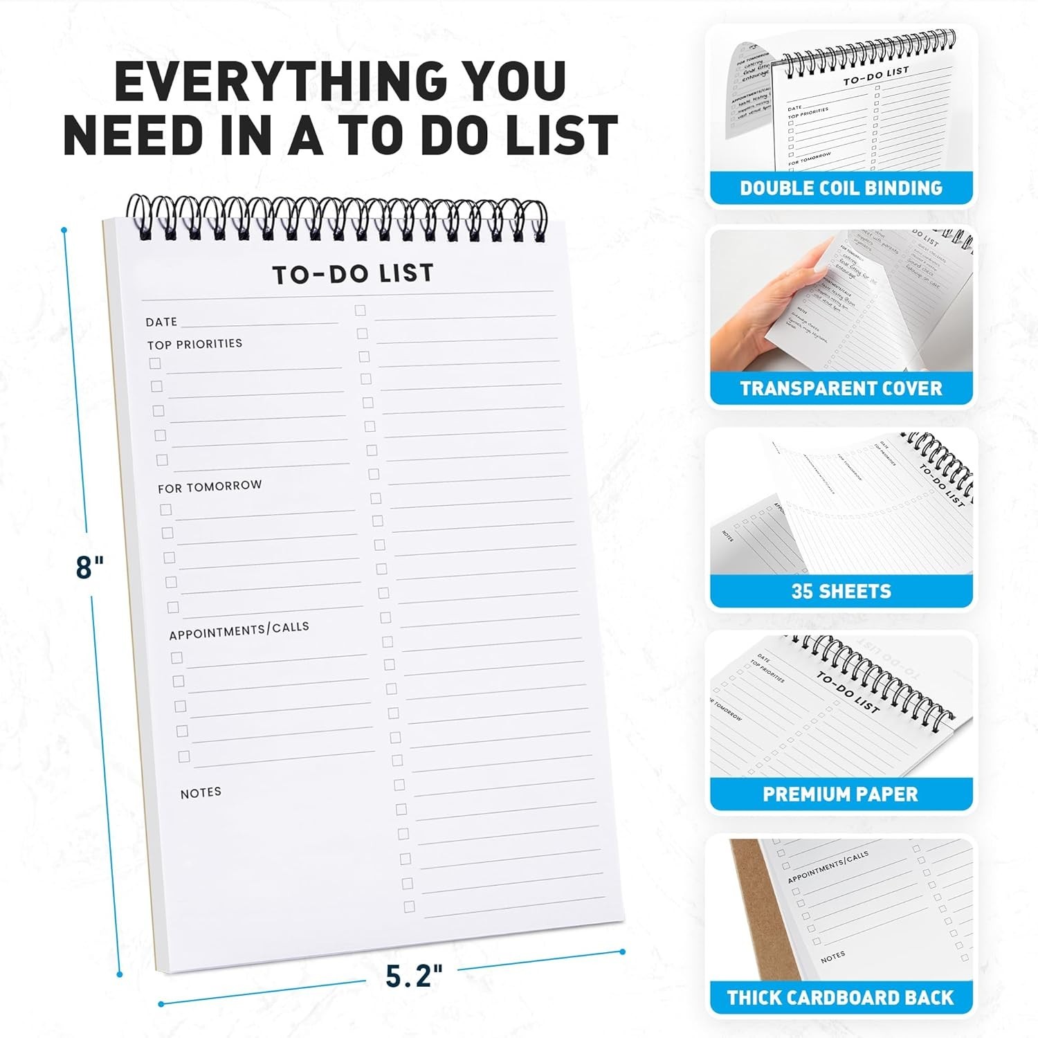 6 Pack To Do List Notepad – Spiral Daily Planner with 35 Ruled Sheets, 5.2×8″