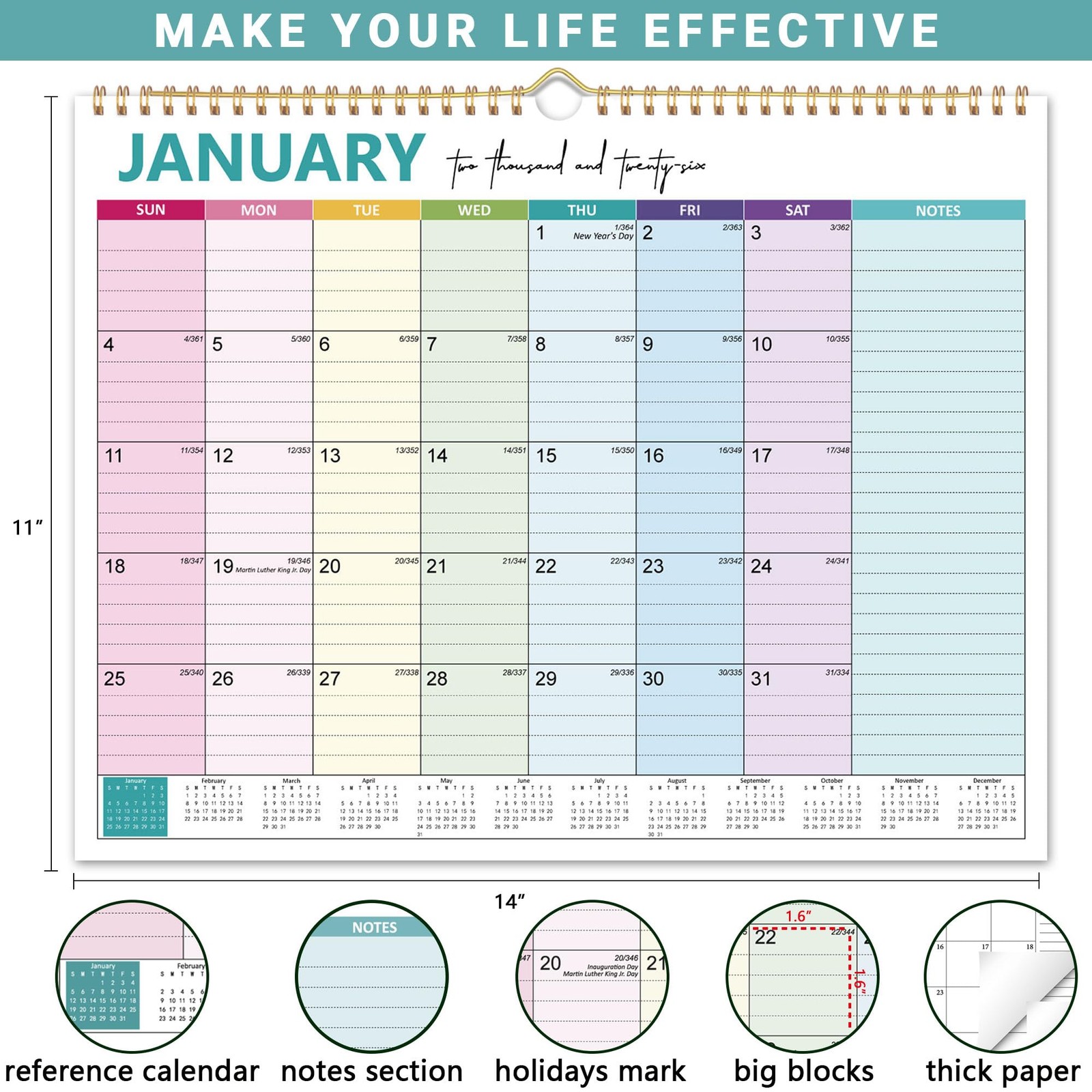 2026 Calendar – Wall from January 2026 to December 2026 colorful