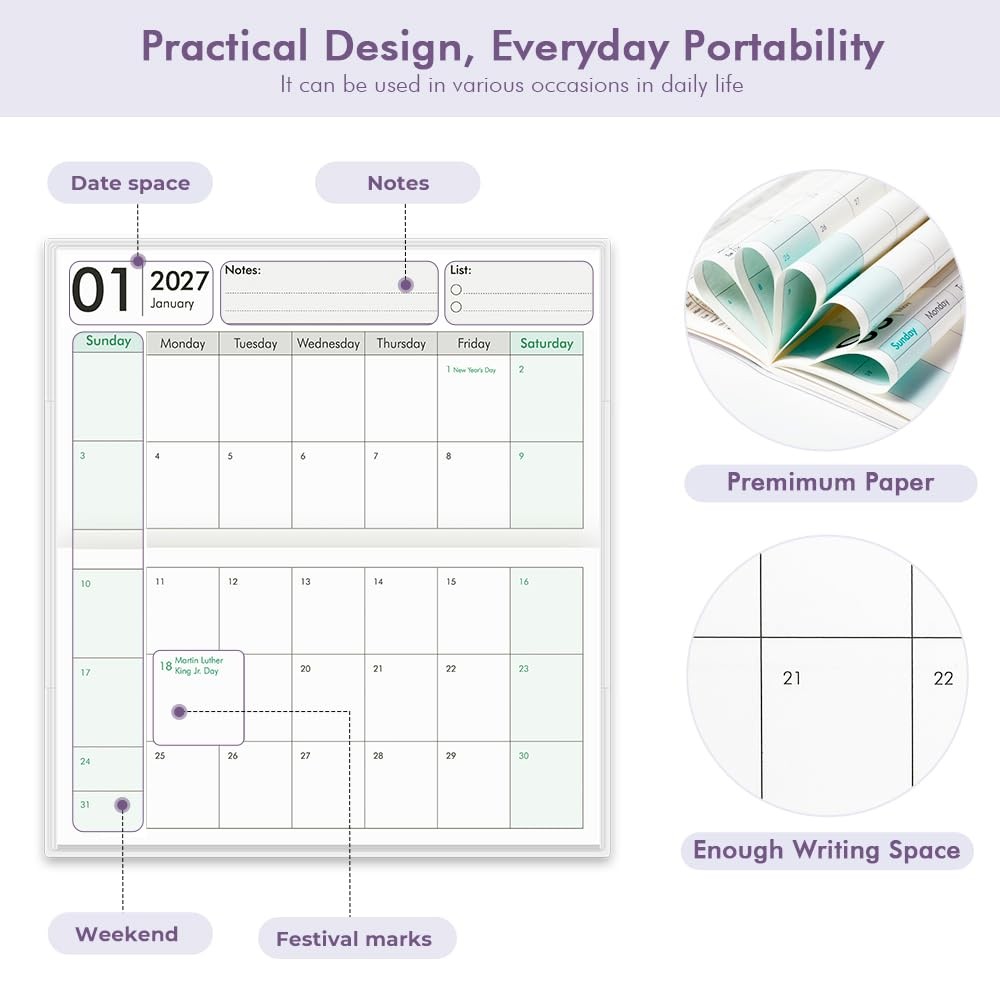 Pocket Calendar 2027-2028 for Purse, Small Pocket Planner 2027-2028 for Purse…