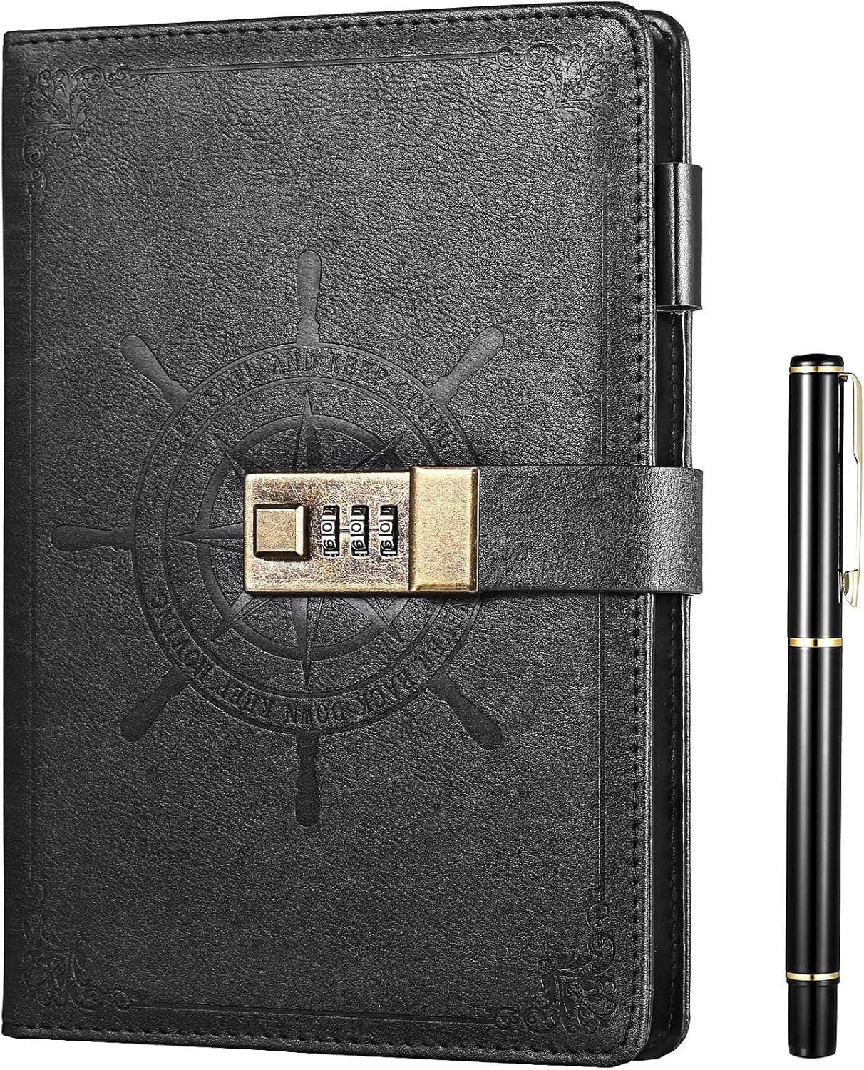 Black Locking Journal Notebook A5 Refillable Diary 210 Lined Pages with Pen