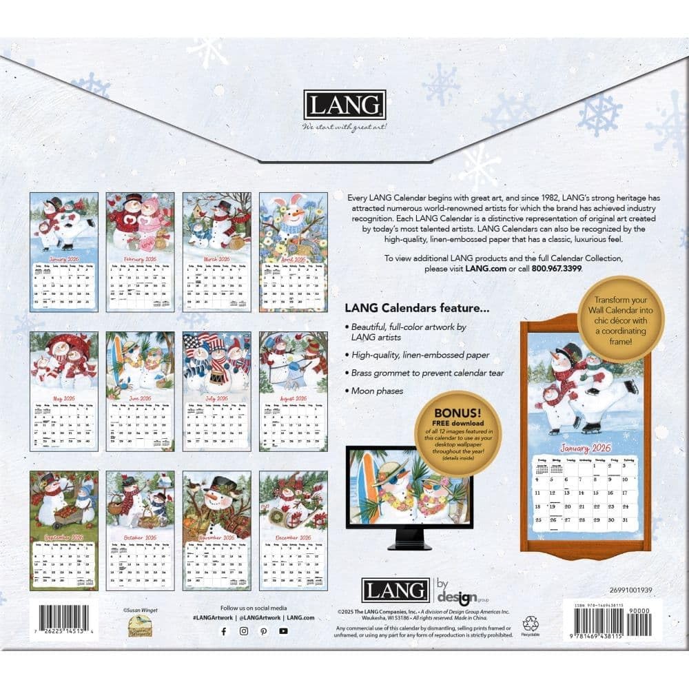 Lang Sam Snowman 2026 Wall Calendar – 12-Month 12.5″W x 0.2″H, 2026
