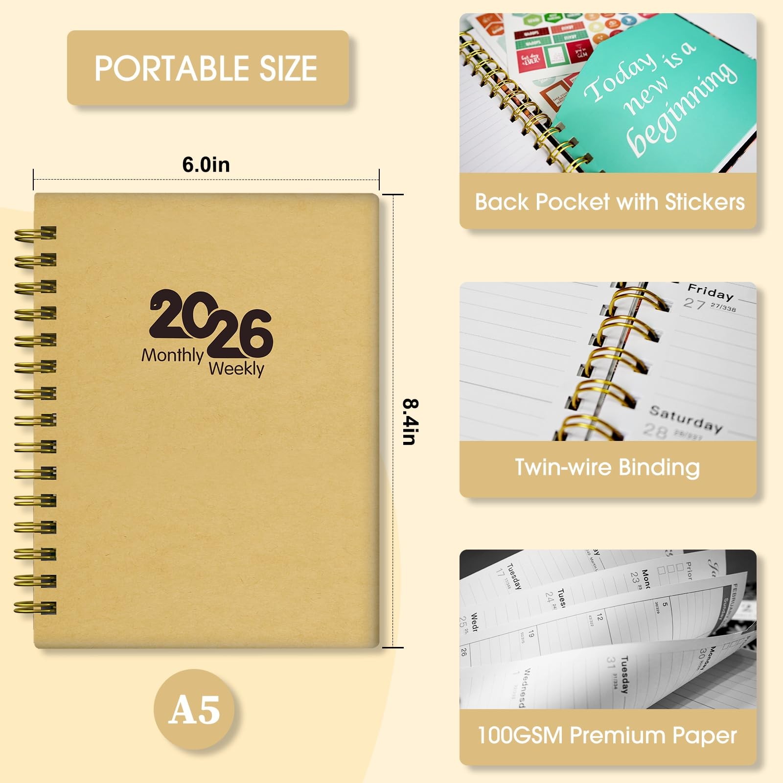 Ymumuda Academic Planner 2026, Daily Weekly and (8.4″×6″) A5, A-Kraft Paper