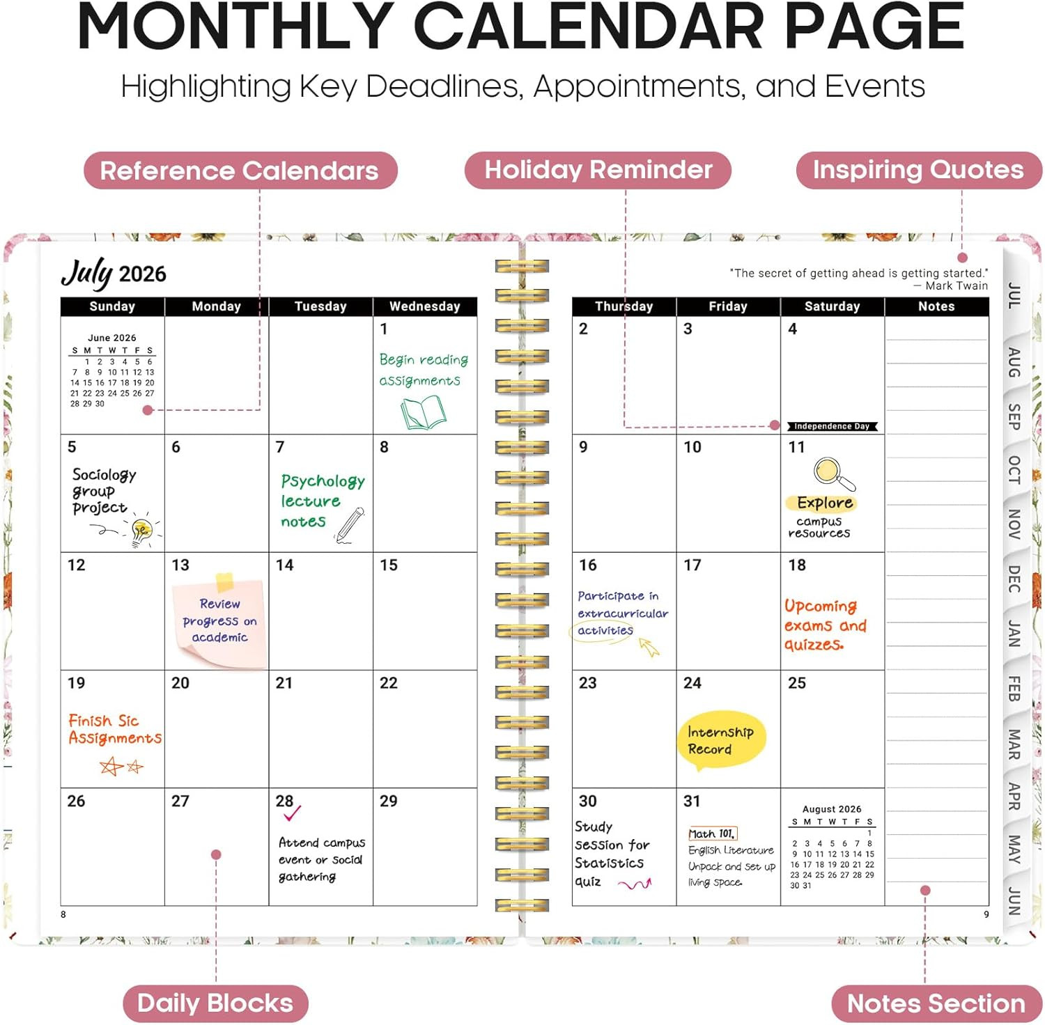 Planner 2026-2027, Academic Year Monthly and Weekly Calendar Planner, Jul 2026 –
