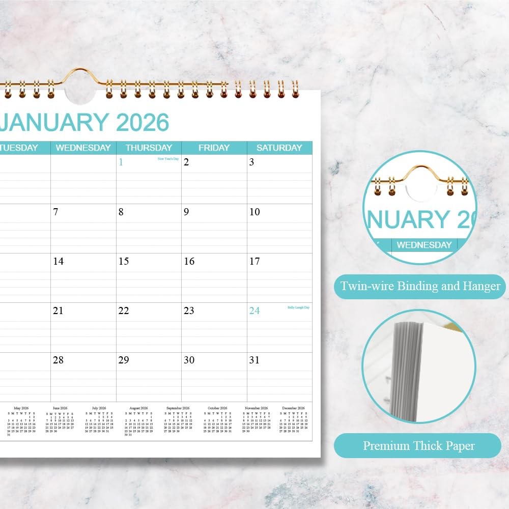 Calendar 2026-2027 – Wall Runs Apr 2026 14.5″ x 11.5″ Teal, Holiday