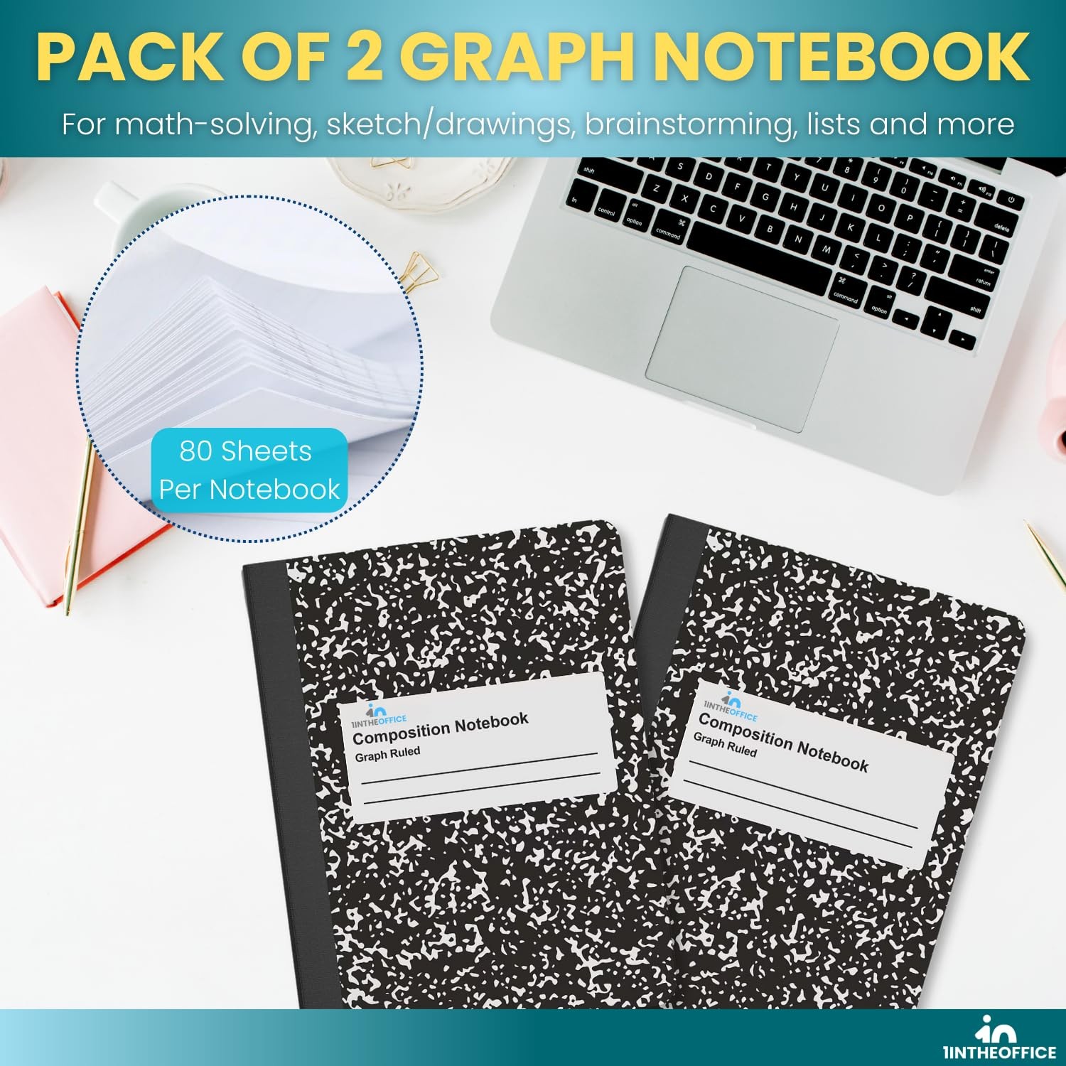 1InTheOffice Graph Paper Composition Notebook, Ruled notebook, Black