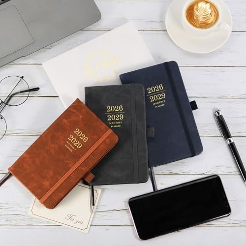 3-Year Monthly Pocket Planner 2026-2029, Faux Leather, 3.8″x6.3″, Pen Holder, 2