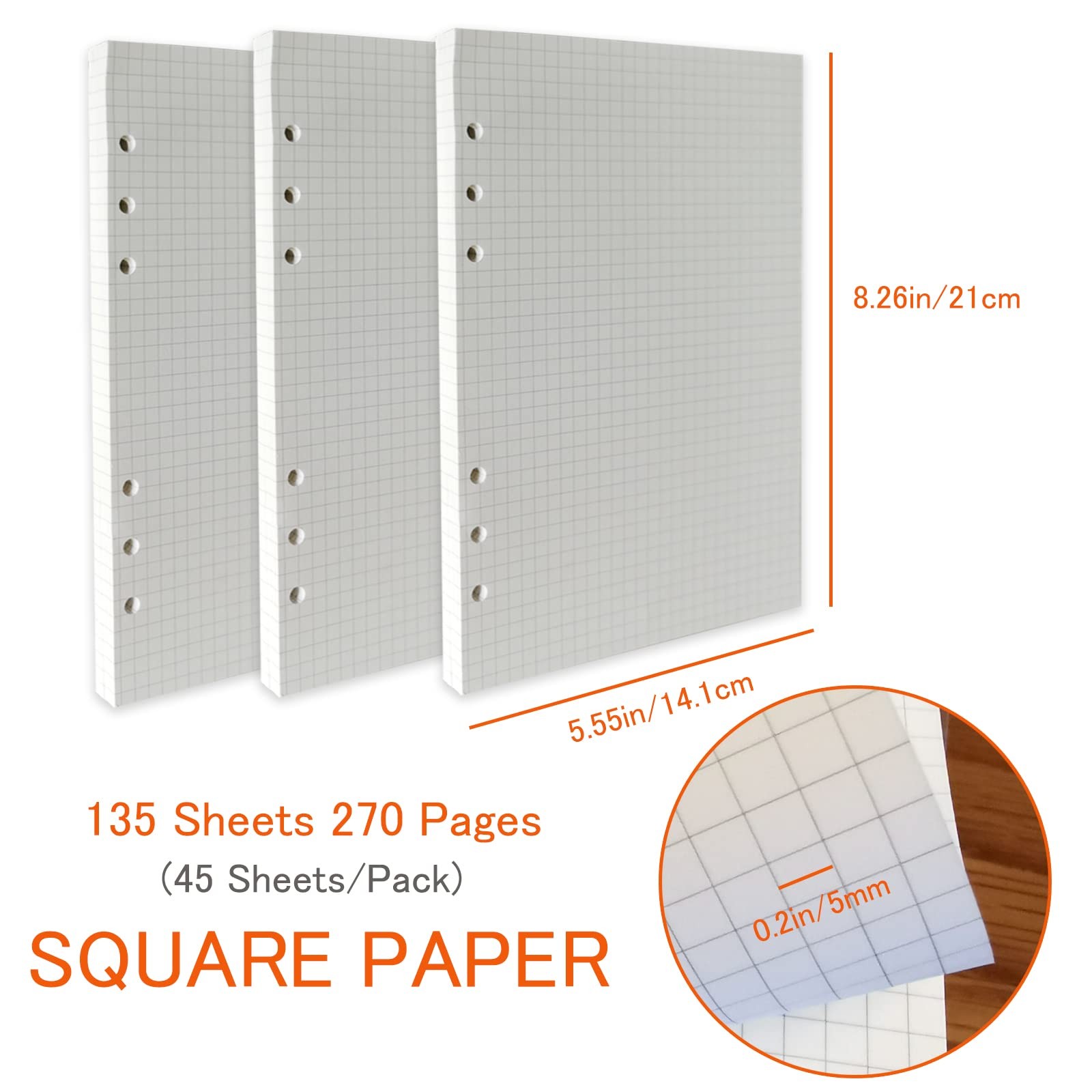 135 Sheets/270 Pages A5 6Hole Binder Notebook Refill Graph Paper Sets