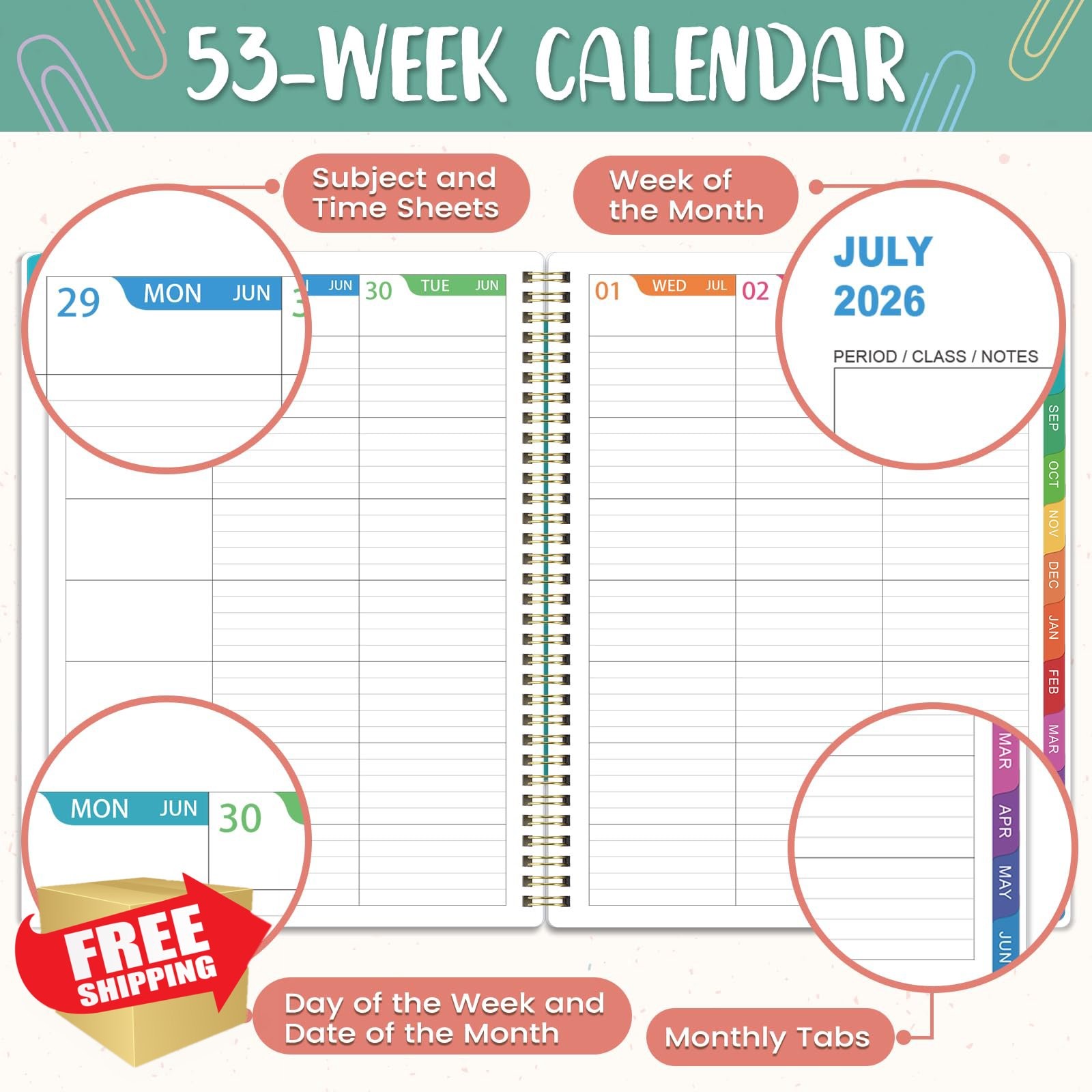 Lemome Teacher Planner 2026-2027 8.5×11 Colorful Tabs