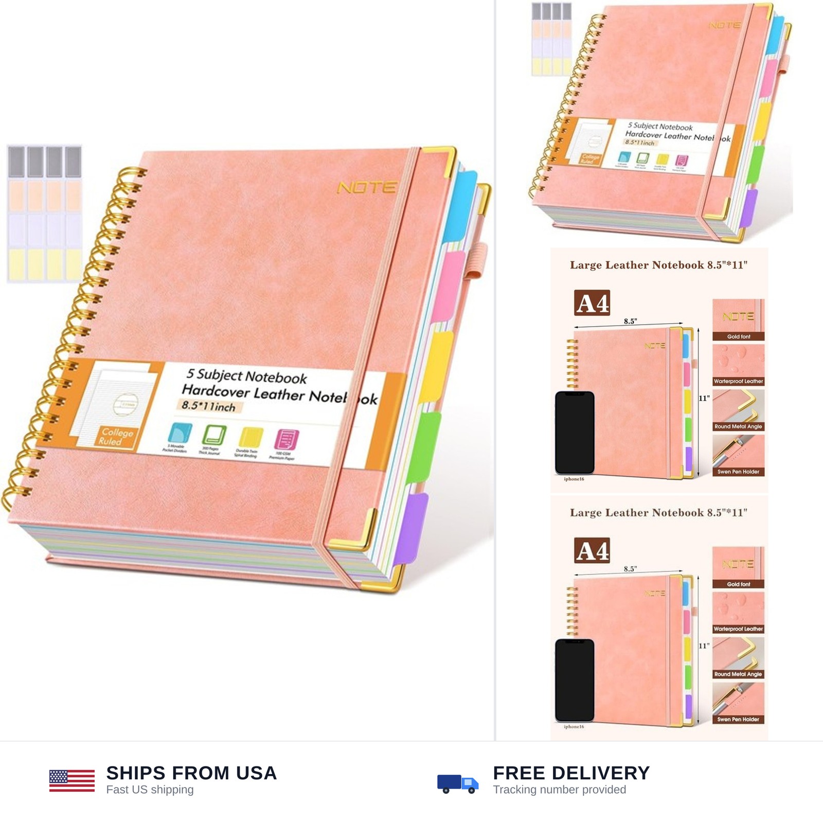 Hardcover Large Spiral Notebook 8.5″ x 11″ with Removable Dividers Tabs, 300 …