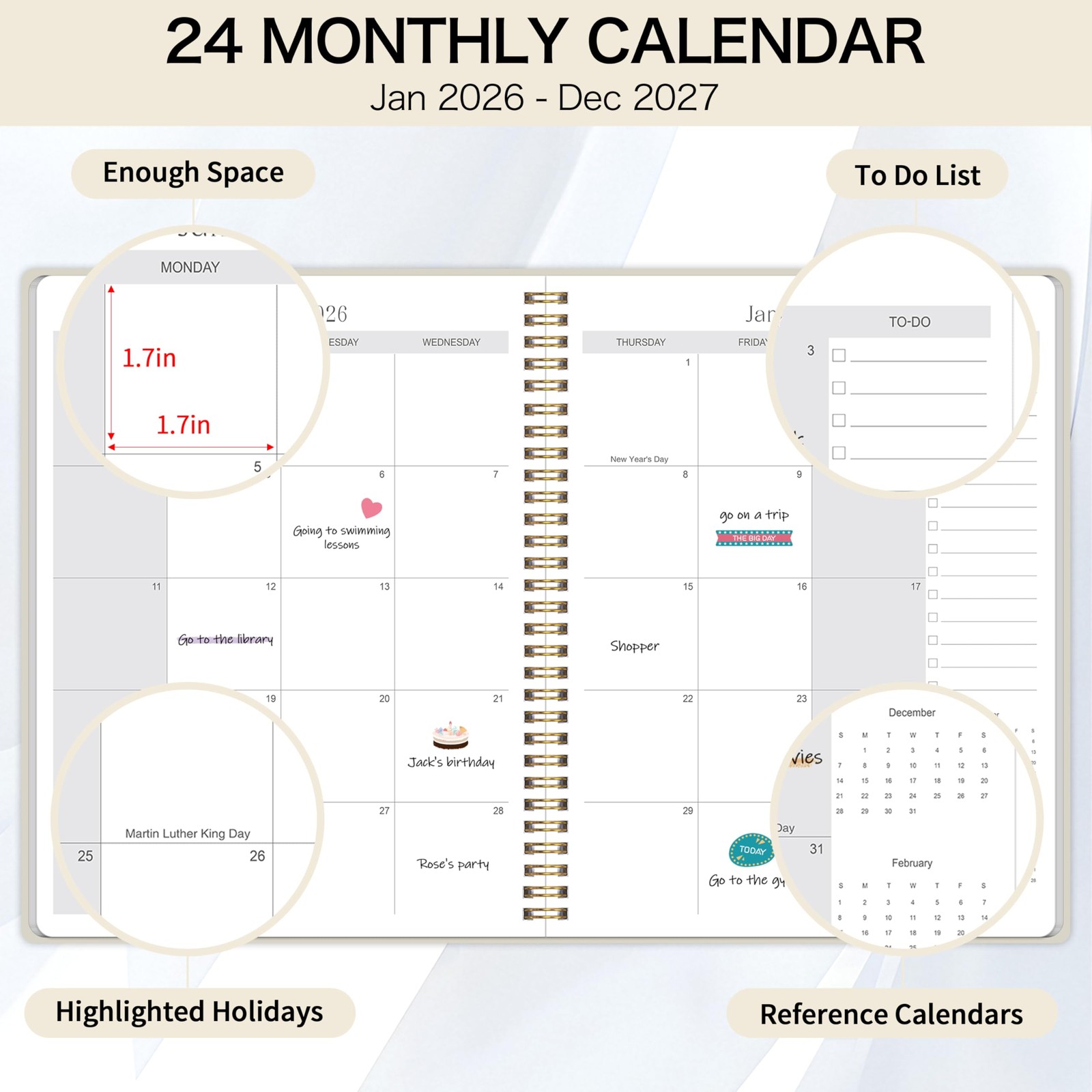 2026-2027 Monthly Planner Jan 2026 – Dec 2027 Twin-wire Binding Organizer