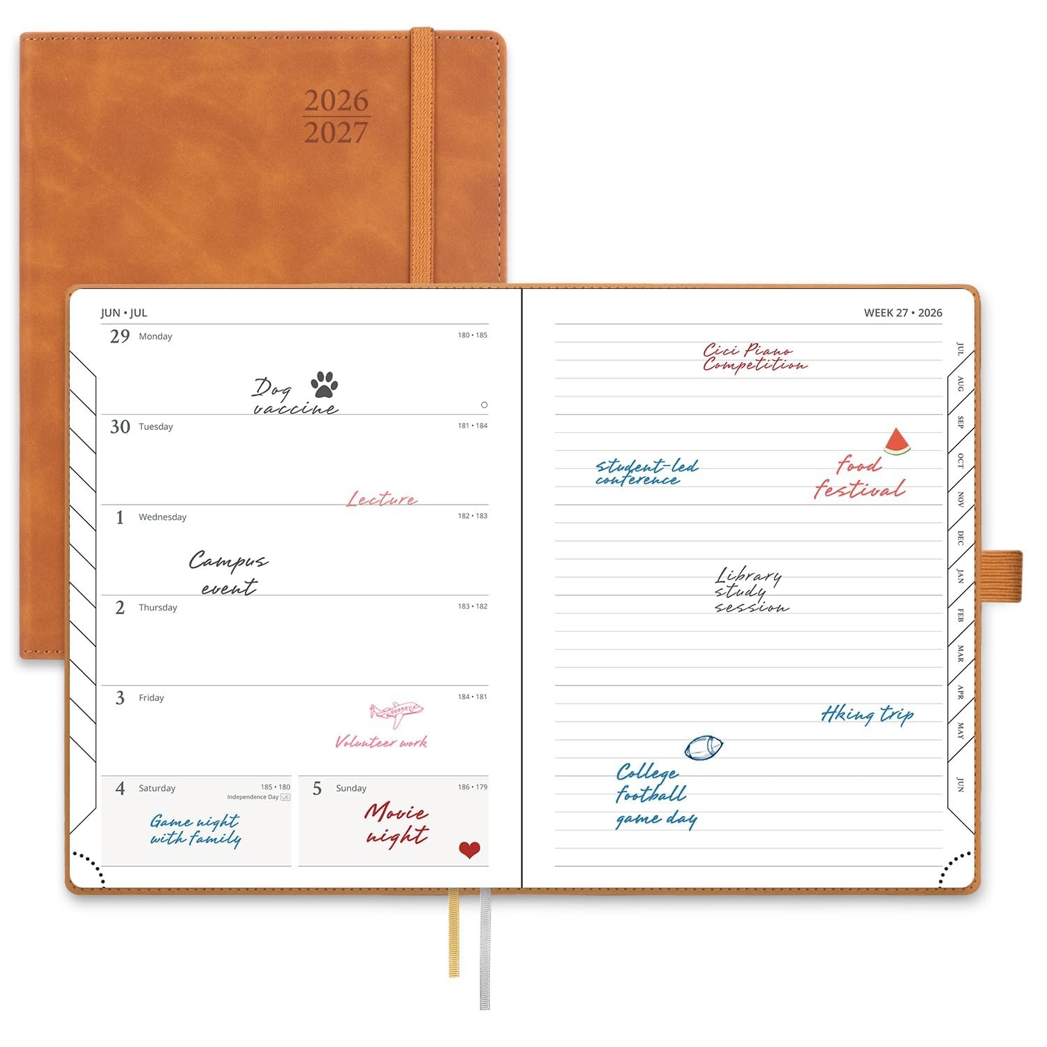 POPRUN 2026-2027 Academic Weekly Planner, 6.5×8.5, Monthly Tabs, Leather Brown