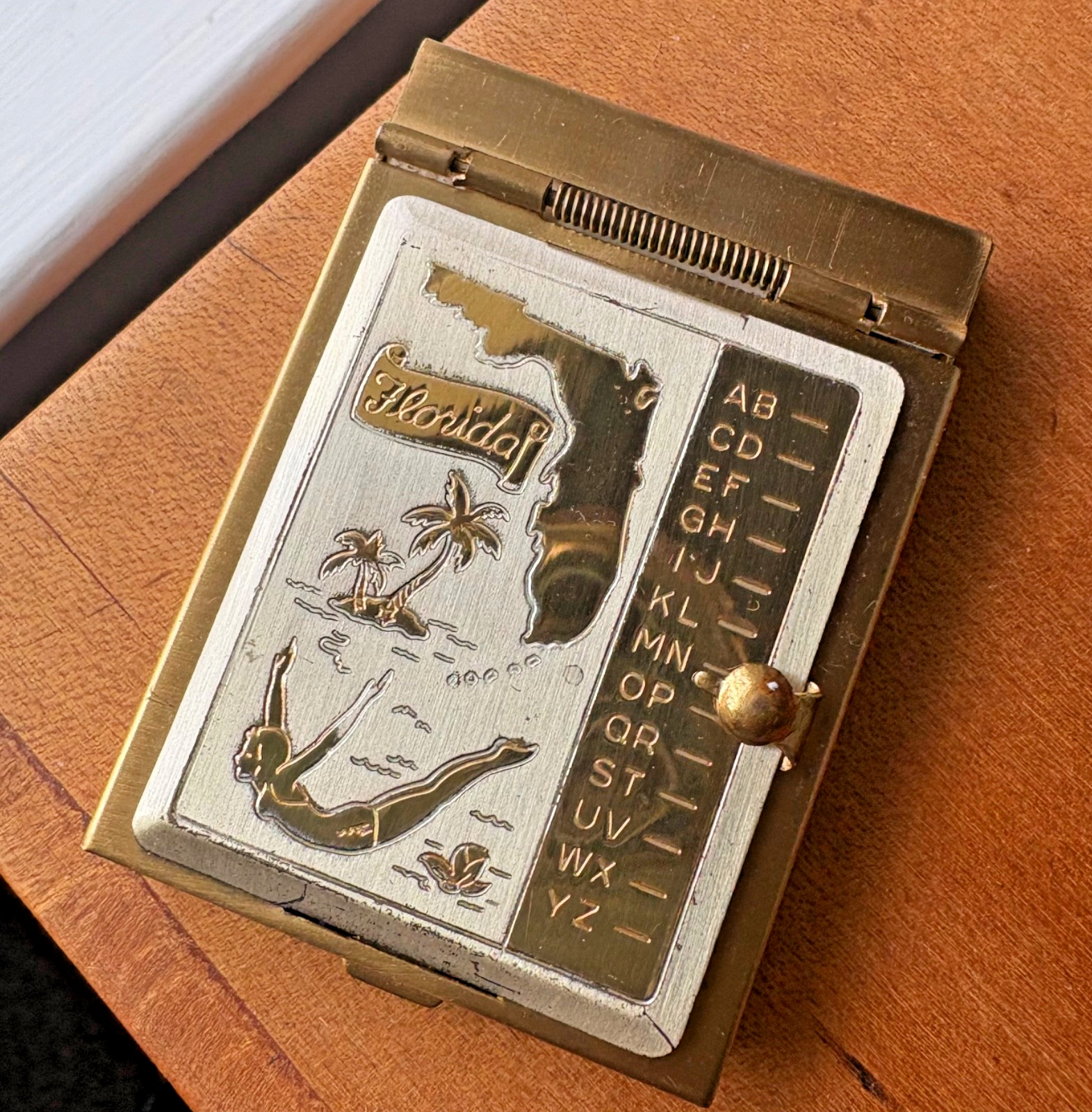 Vintage Miniature Brass Address Book Rolodex Sliding Tab Names Florida 1950s