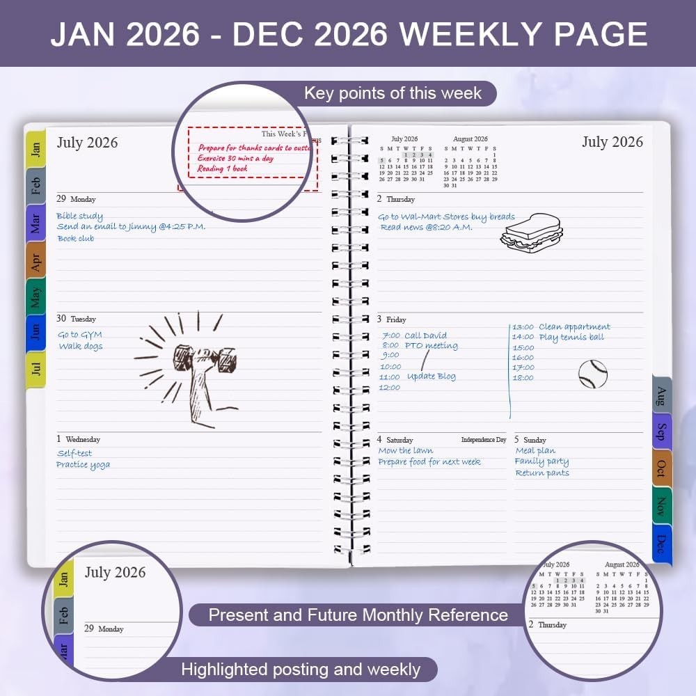 Sophisticated 2026 Planner in Purple – Weekly & Monthly with 14 Notes Pages