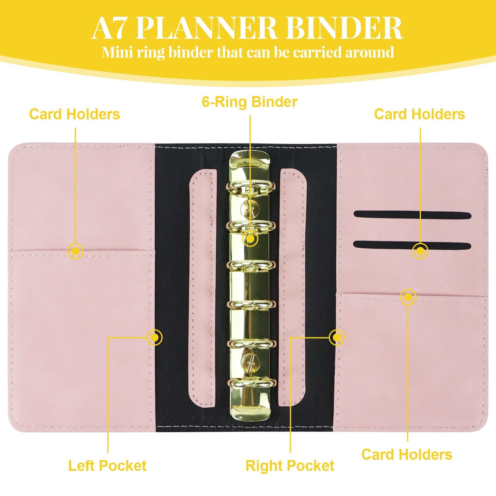 Koqye A7 Refillable Planner Small Binder Notebook 6 Ring, A7, Black & Pink