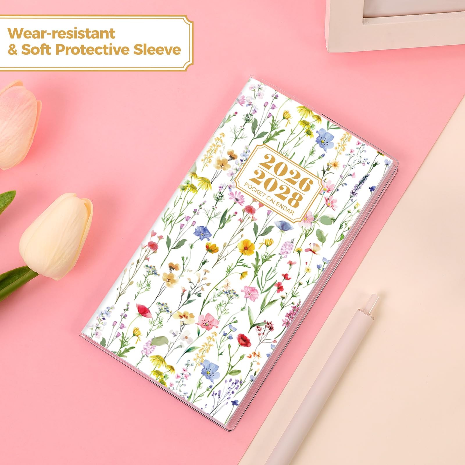 SKYDUE Pocket Calendar 2026-2028, 3.8″x6.5″(JUL 2026-DEC 2028), Floral White