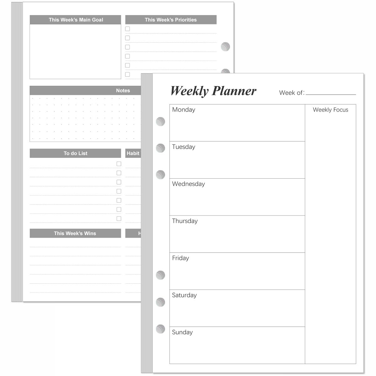 Weekly Planner Refills for A5 Binders – 53 Sheets/106 Pages 1-Pack, Black