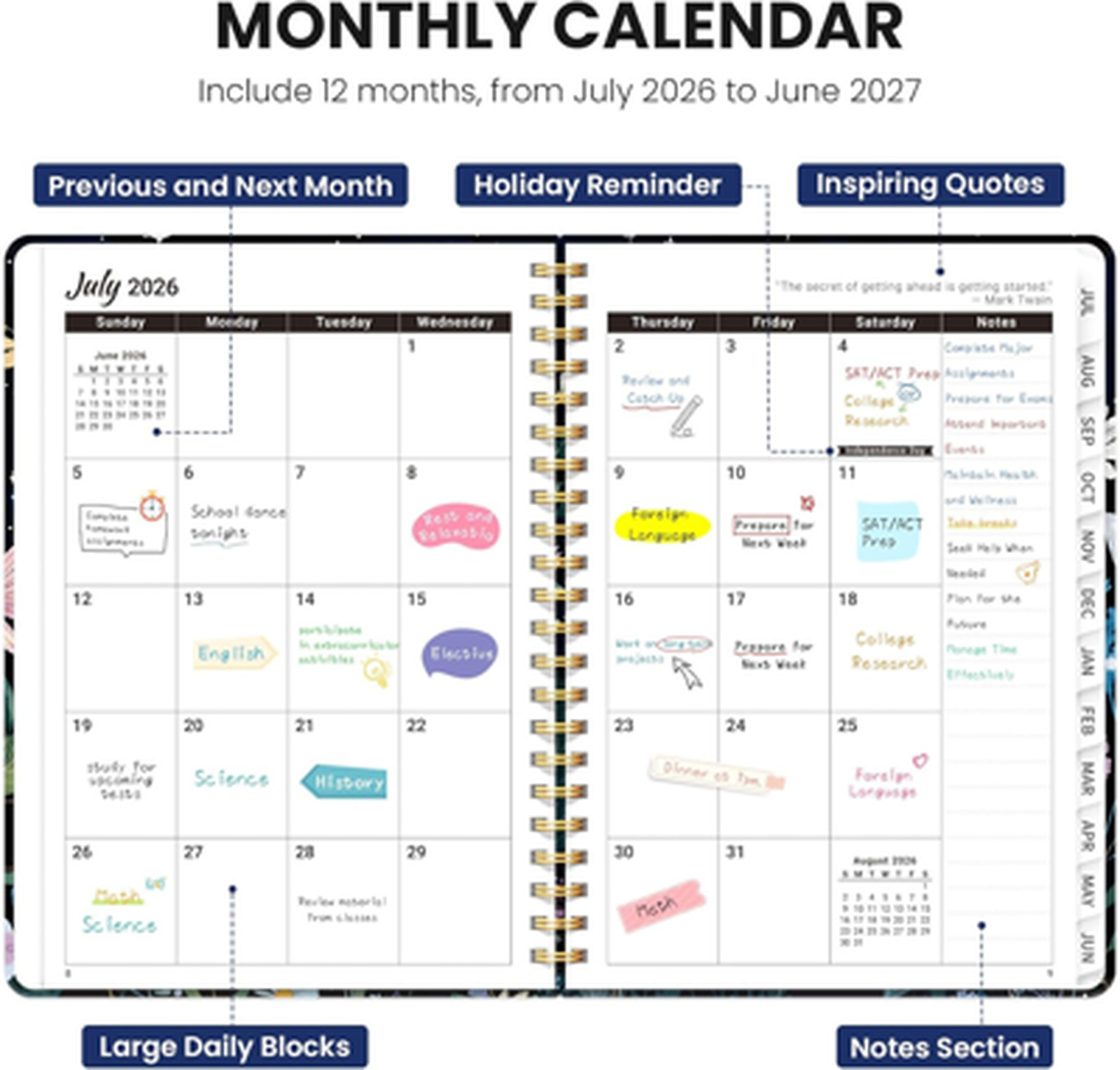 Planner 2026 2027, Hardcover Monthly Weekly Academic Teacher Student Calendar