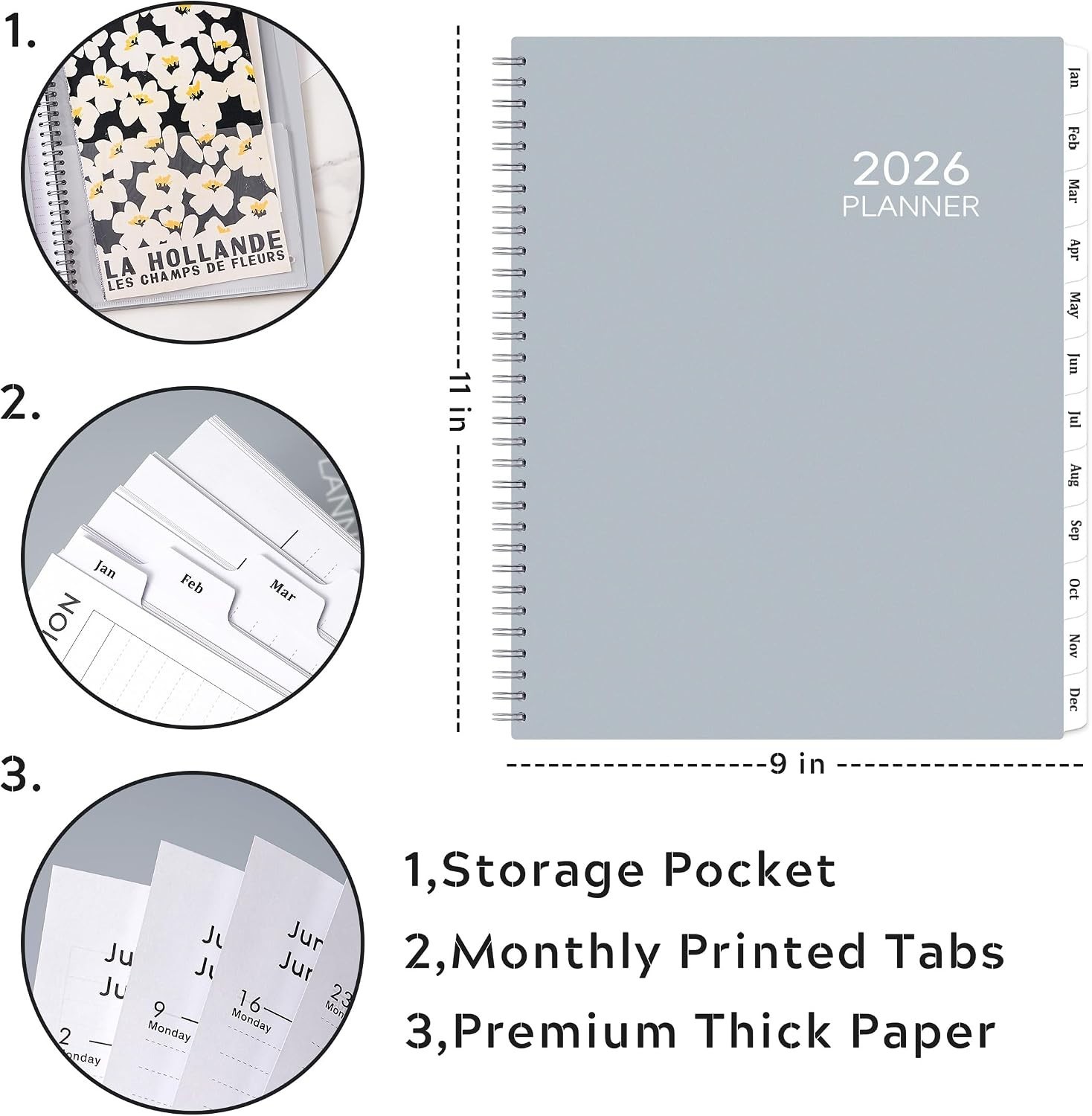 Comprehensive 2026 Planner – Gray, 9″ x 11″ with Easy Access Tabs & Pocket
