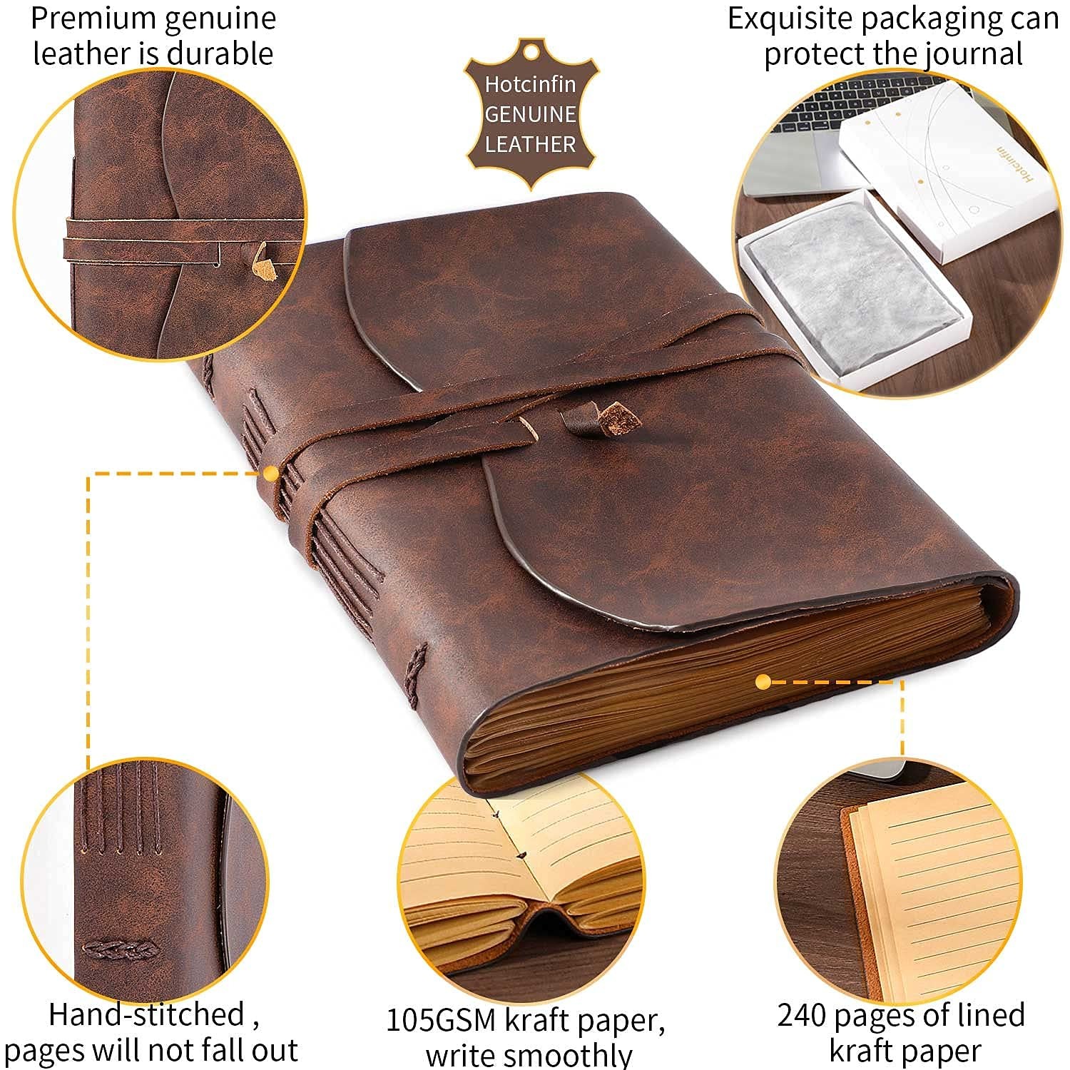 Hotcinfin Leather Bound Journal for Men/Women, Rustic 6X8 Inch, dark brown