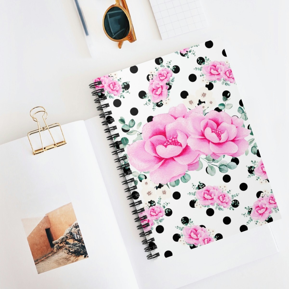 Small Spiral Notebook-Magenta Pink Floral-Black Polka Dots-White