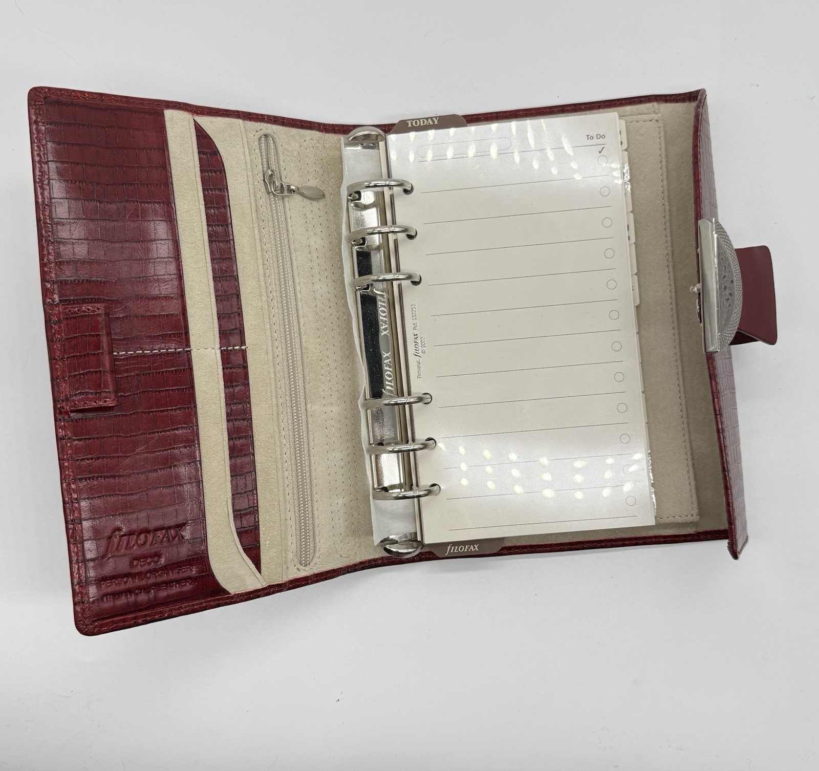 Filofax Ruby red Deco Personal size planner Organizer Italian Leather Croc. Embo