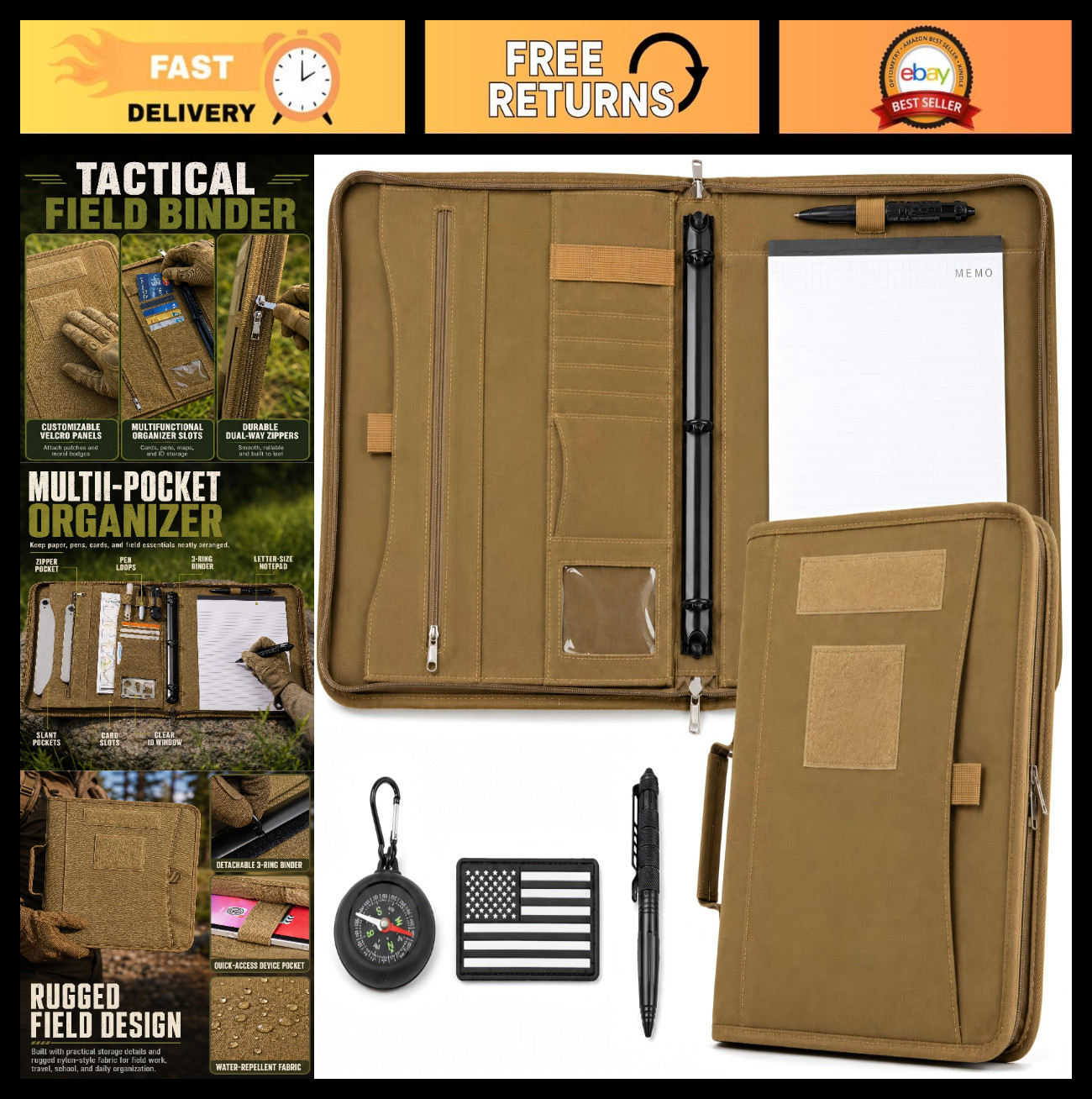 Tactical Padfolio Binder with Detachable 3-Ring, Multi-Pocket Organizer & Zipper