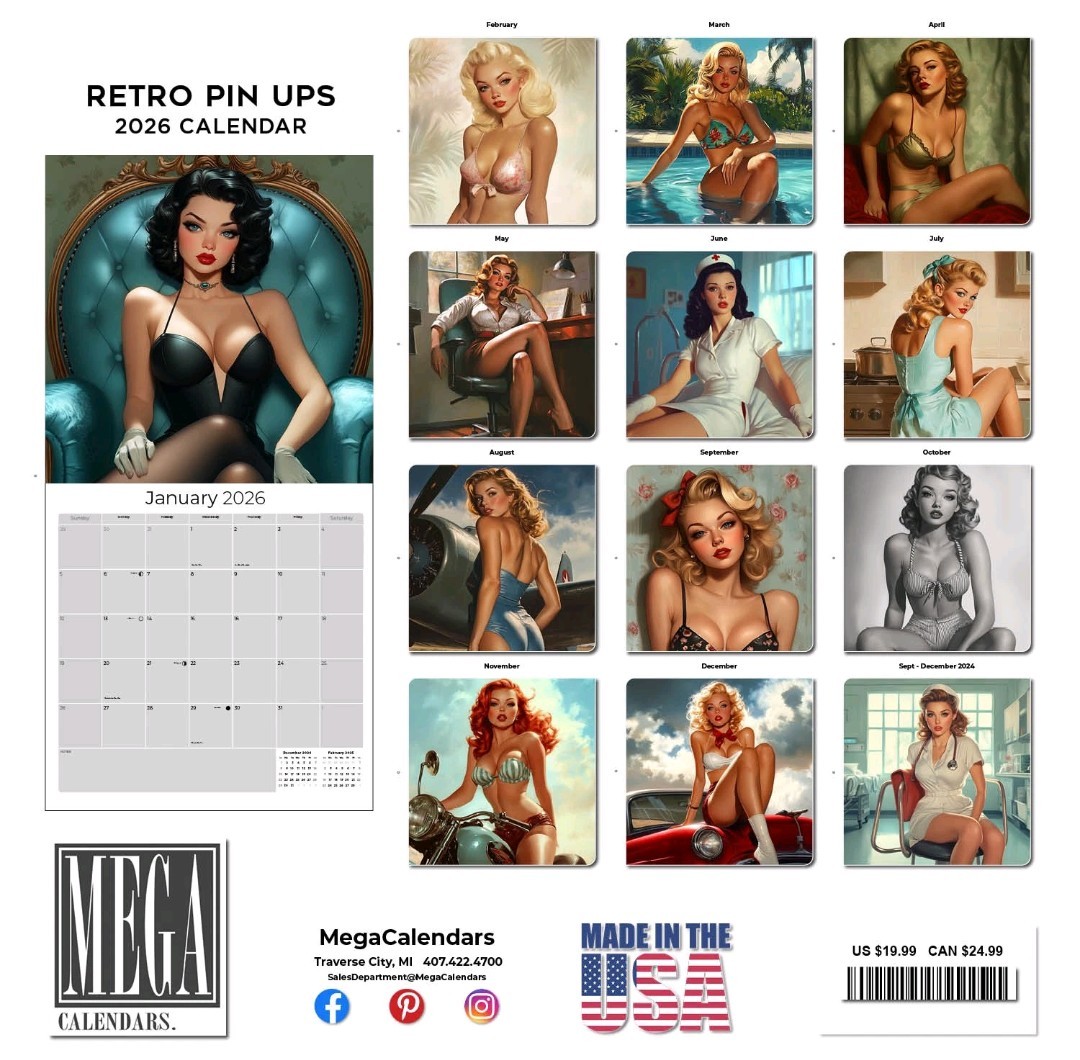 Retro Sexy Vintage Pin Up Girls Calendar 2026 Large 12×24 USA tattoo Shop Art