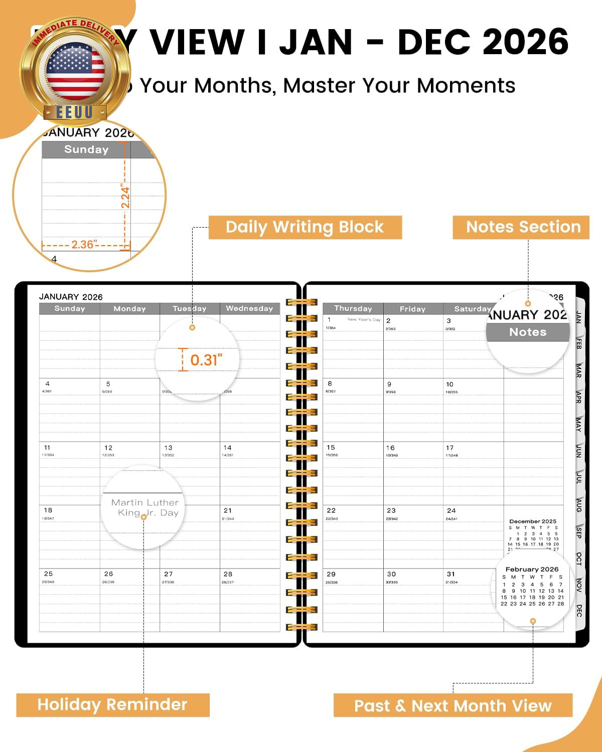 2026 Planner Weekly and Monthly, 8.8″X11.5″ Large Spiral Yearly Notebook with J