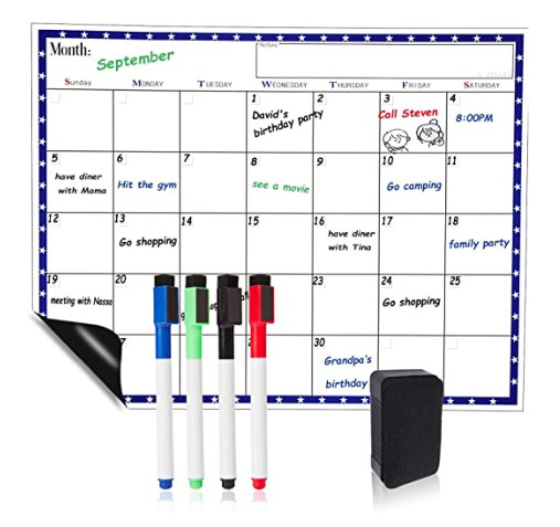 17″x12″, Magnetic Monthly Calendar, 4+2 Dry-Erase Markers, Magnetic Eraser
