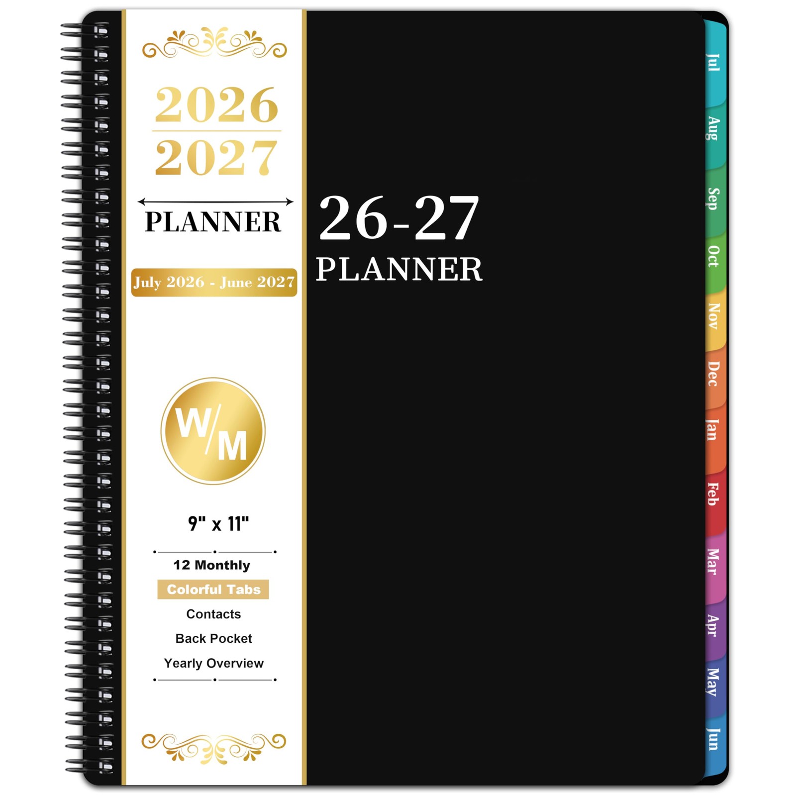 20262027 Academic Planner 9×11 Weekly Monthly Colorful Tabs Black