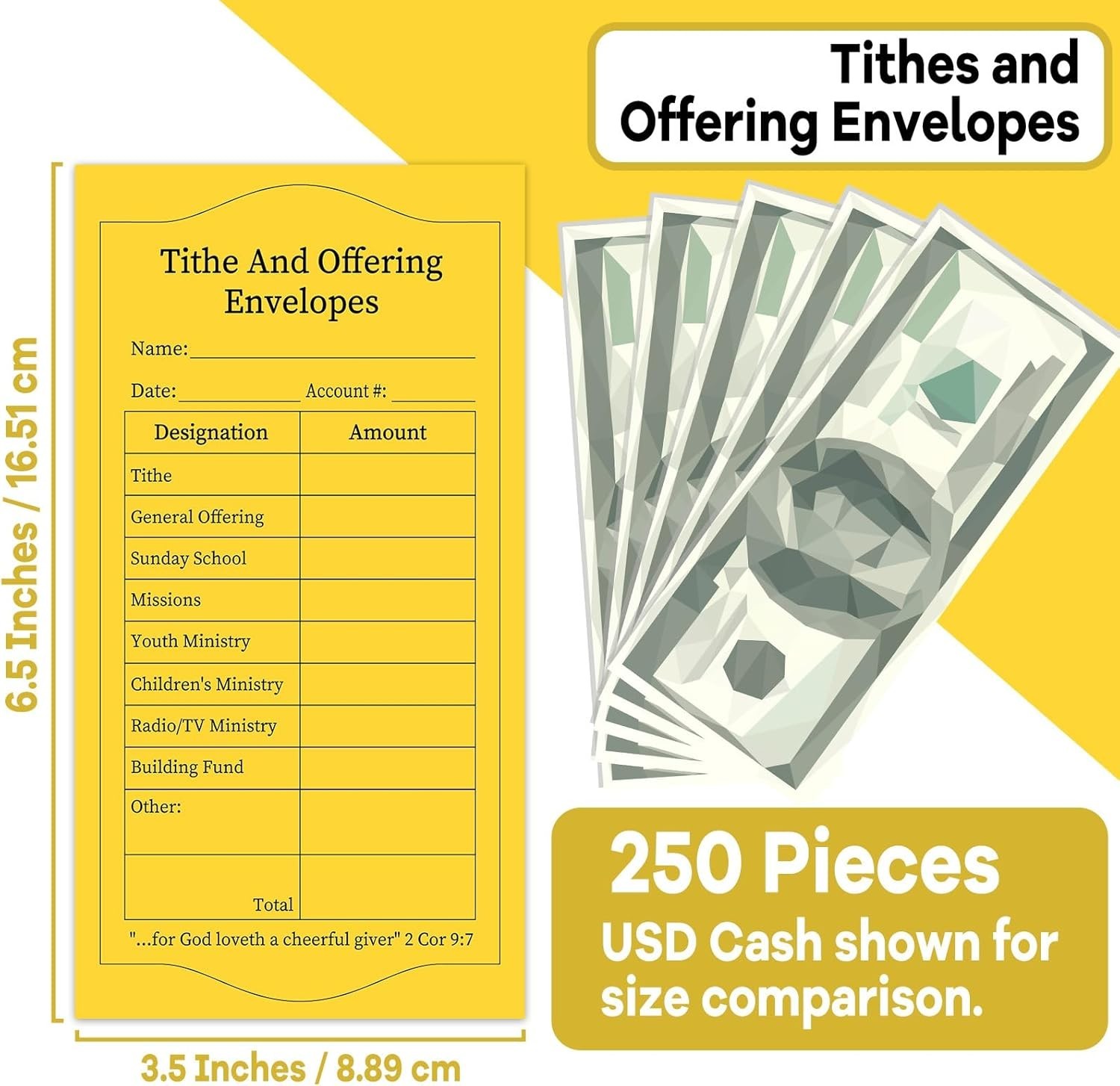 250 Pcs Tithes and Offering Envelopes 6.5X3.5 Inch Yellow