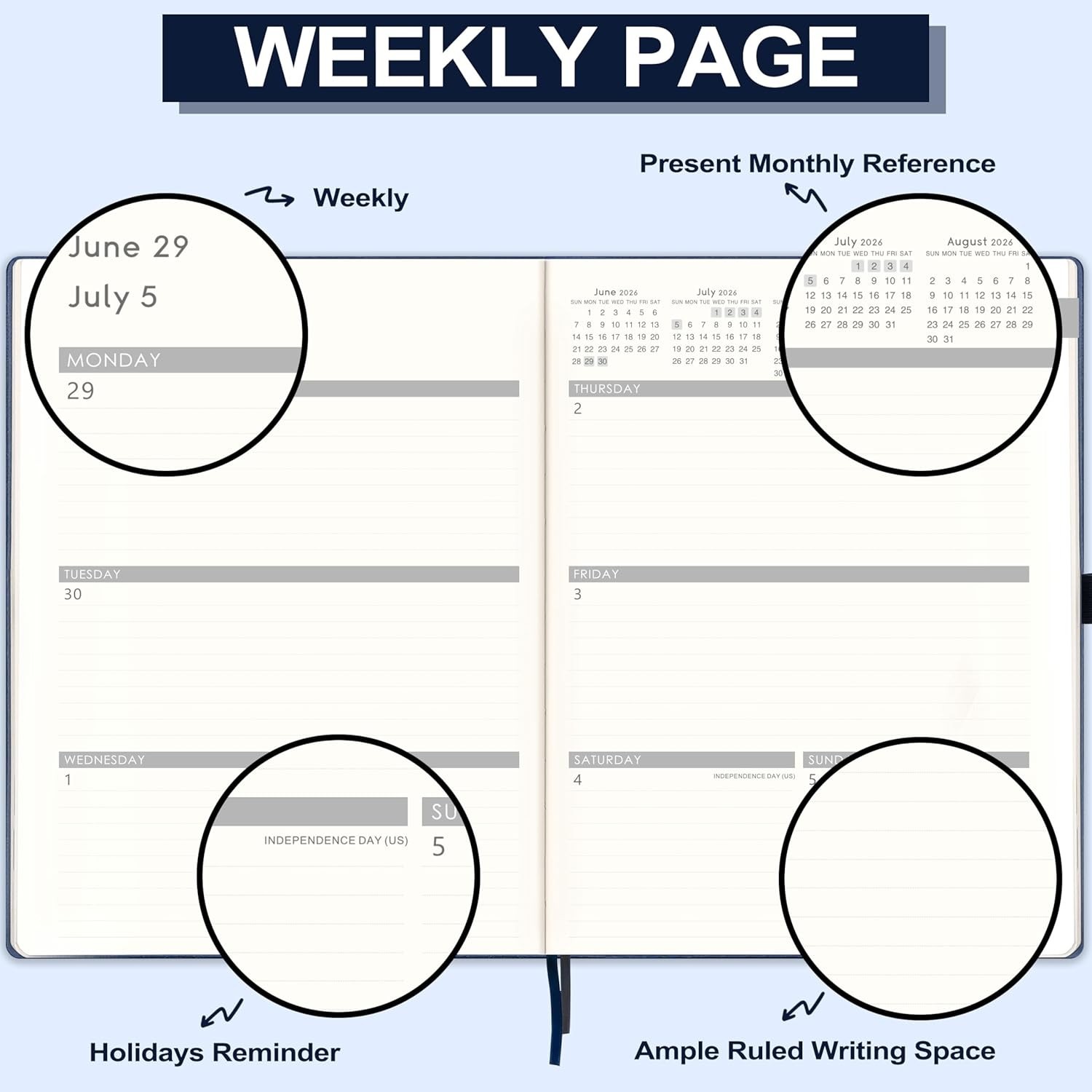 2026 2027 Monthly Weekly Planner Blue Flexible Cover Notebook with Notes Pages