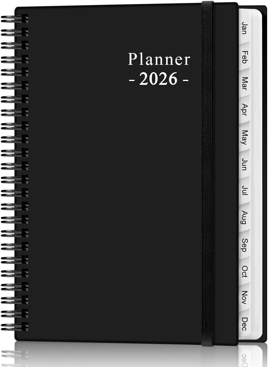 Sleek Black-E 2026 Planner: Compact Weekly & Monthly Organizer, 6.4″ x 8.5″