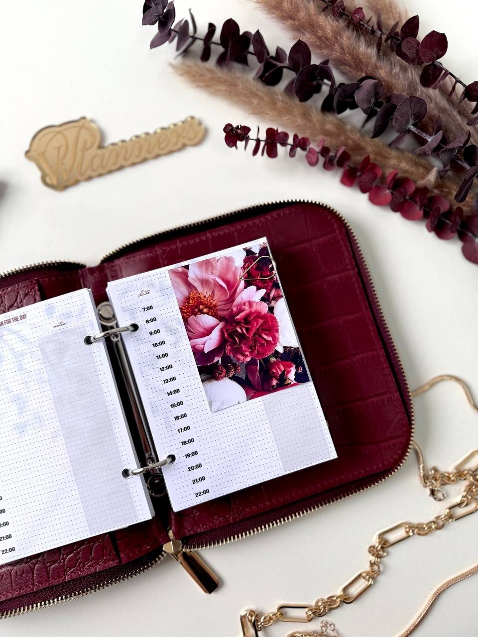 Luxurious Burgundy Genuine Leather A7 Pocket Planner – Golden Leopard Edition