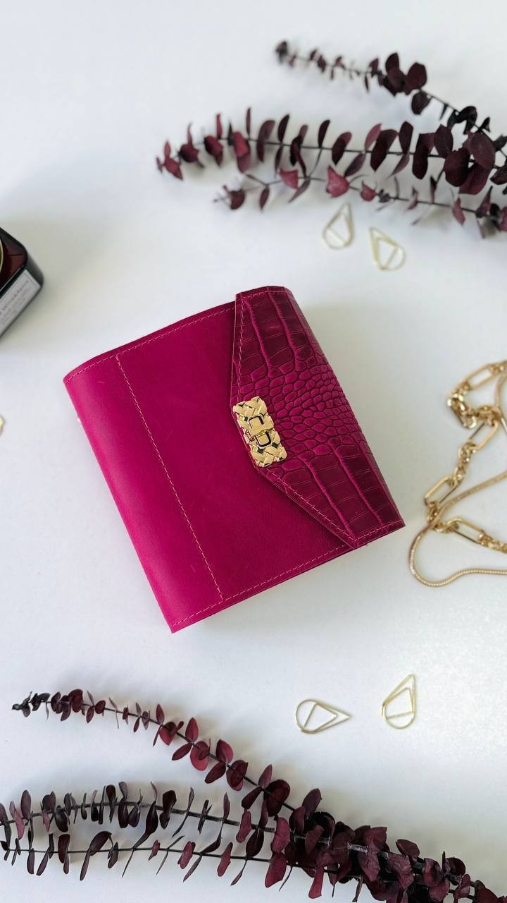 Pink leather notebook cover A7 binde rings mini wallet. Dated planner gift.
