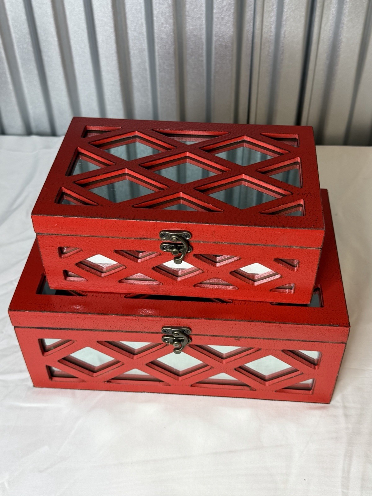 Set of Two Red Mirrored Glass And Solid Wood Box With Lid
