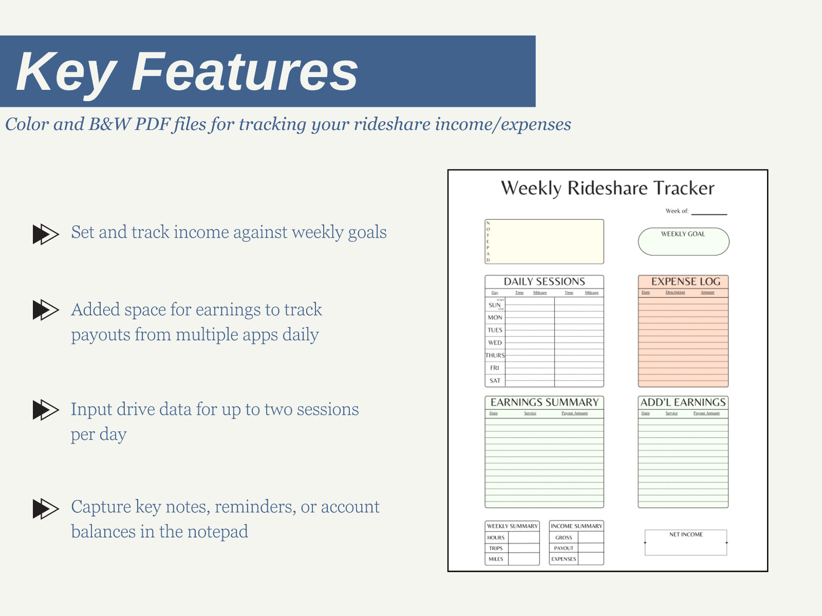 Daily/Weekly Rideshare Income and Expense Tracker – Digital PDF Download