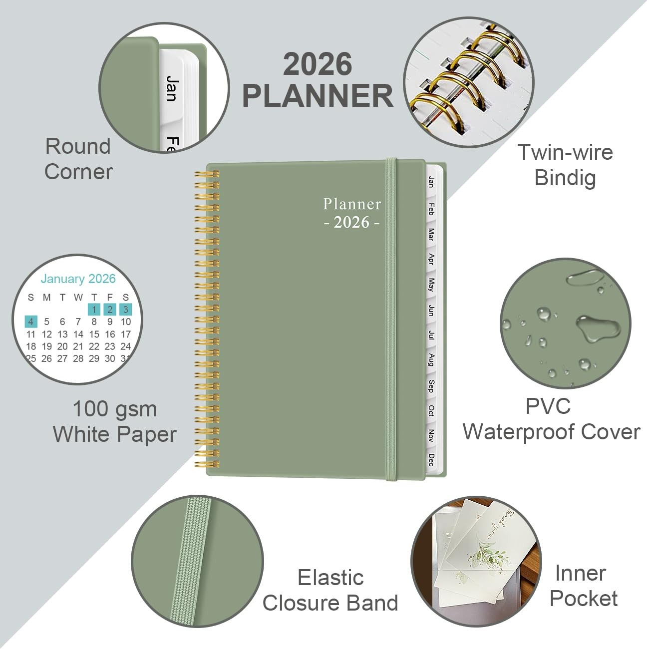 2026 Planner – Weekly Monthly 2026 from January 2026 to A4, Green
