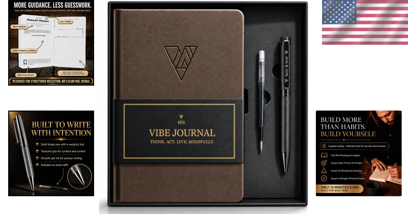 Guided Mindfulness Journal & Solid Brass Pen Set for Men – A5 Leather