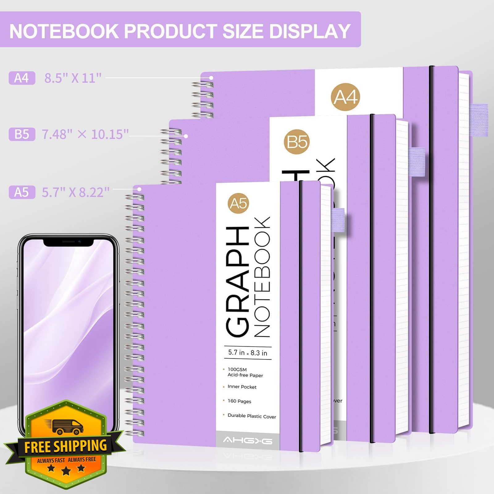 AHGXG A4 Purple Graph Notebook