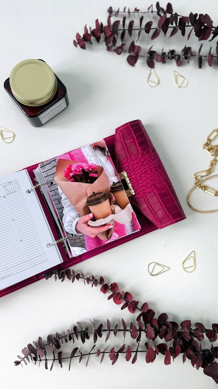 Pink leather notebook cover A7 binde rings mini wallet. Dated planner gift.
